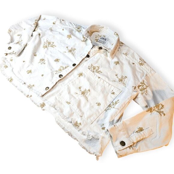 Zara White Gold Cropped Denim Jean Overshirt Button Down Jacket - Picture 8 of 9